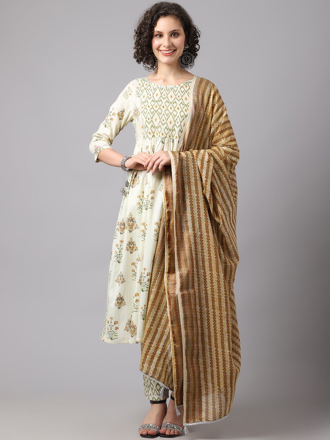 

Tulsattva Women Lime Green Ethnic Motifs Printed Pleated Kurta with Trousers & With Dupatta