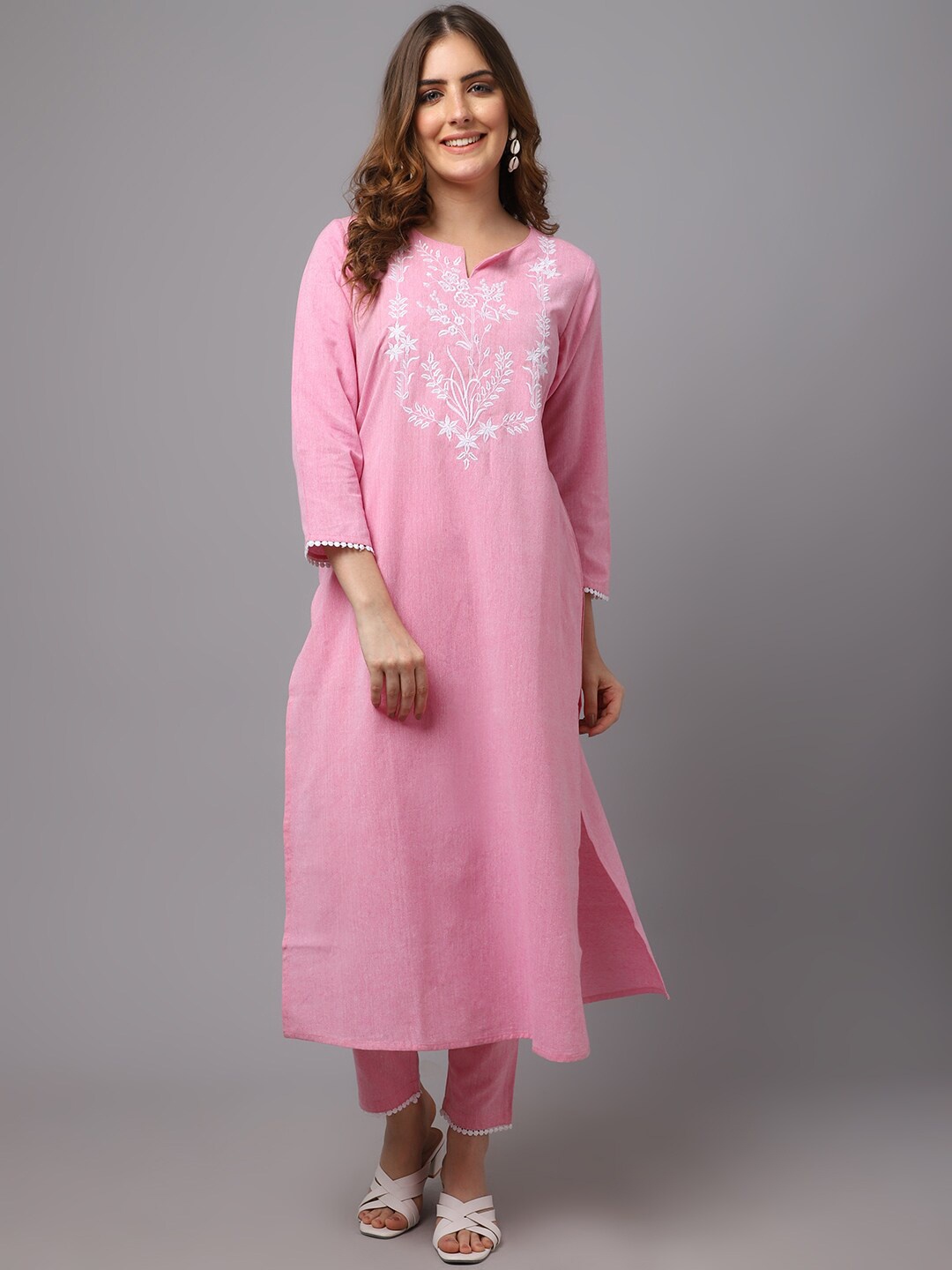 

Tulsattva Women Pink Floral Embroidered Pure Cotton Kurta with Trousers