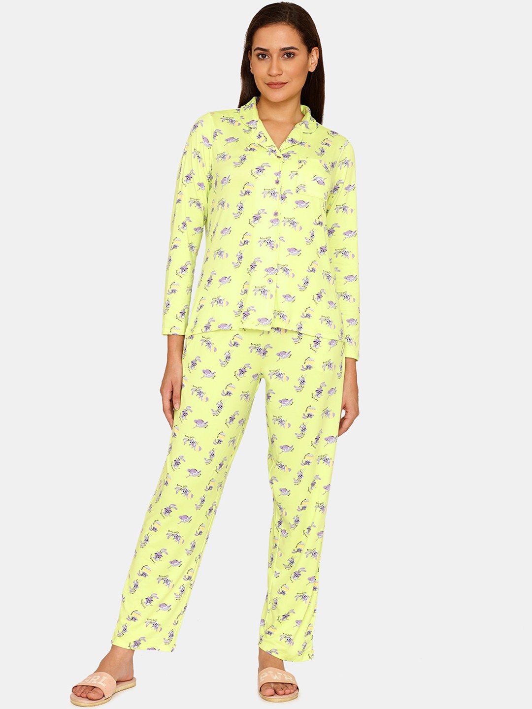 

Zivame Women Yellow & Purple Printed Night suit