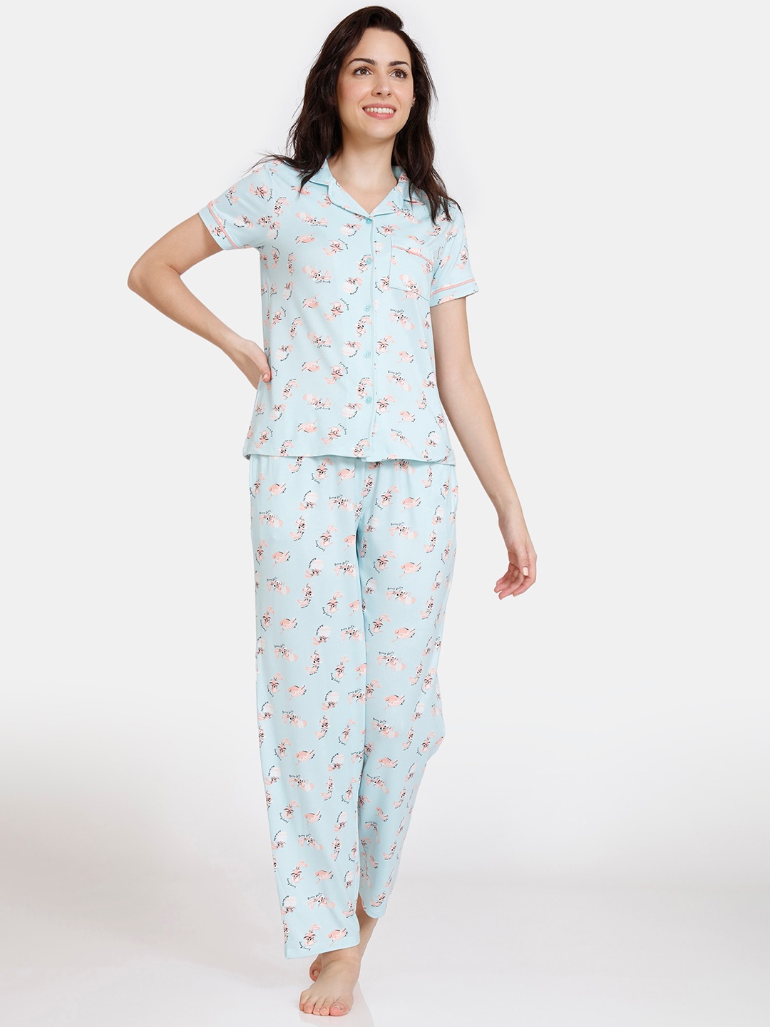 

Zivame Women Blue & Pink Printed Night suit