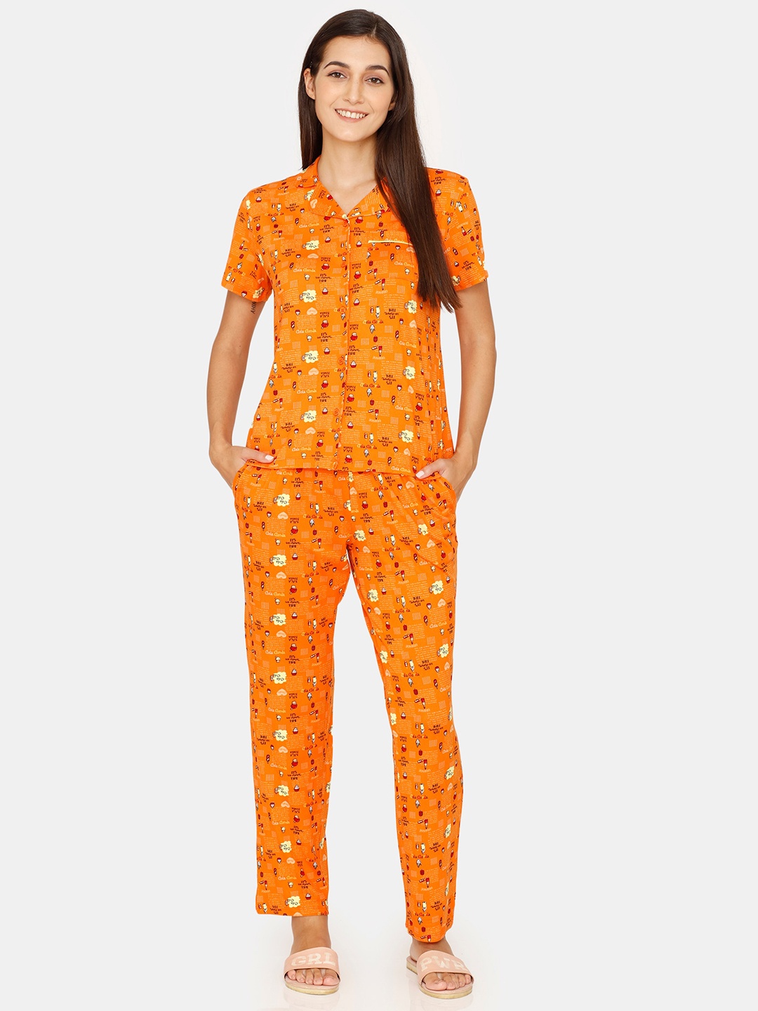 

Zivame Women Orange & Black Printed Night suit