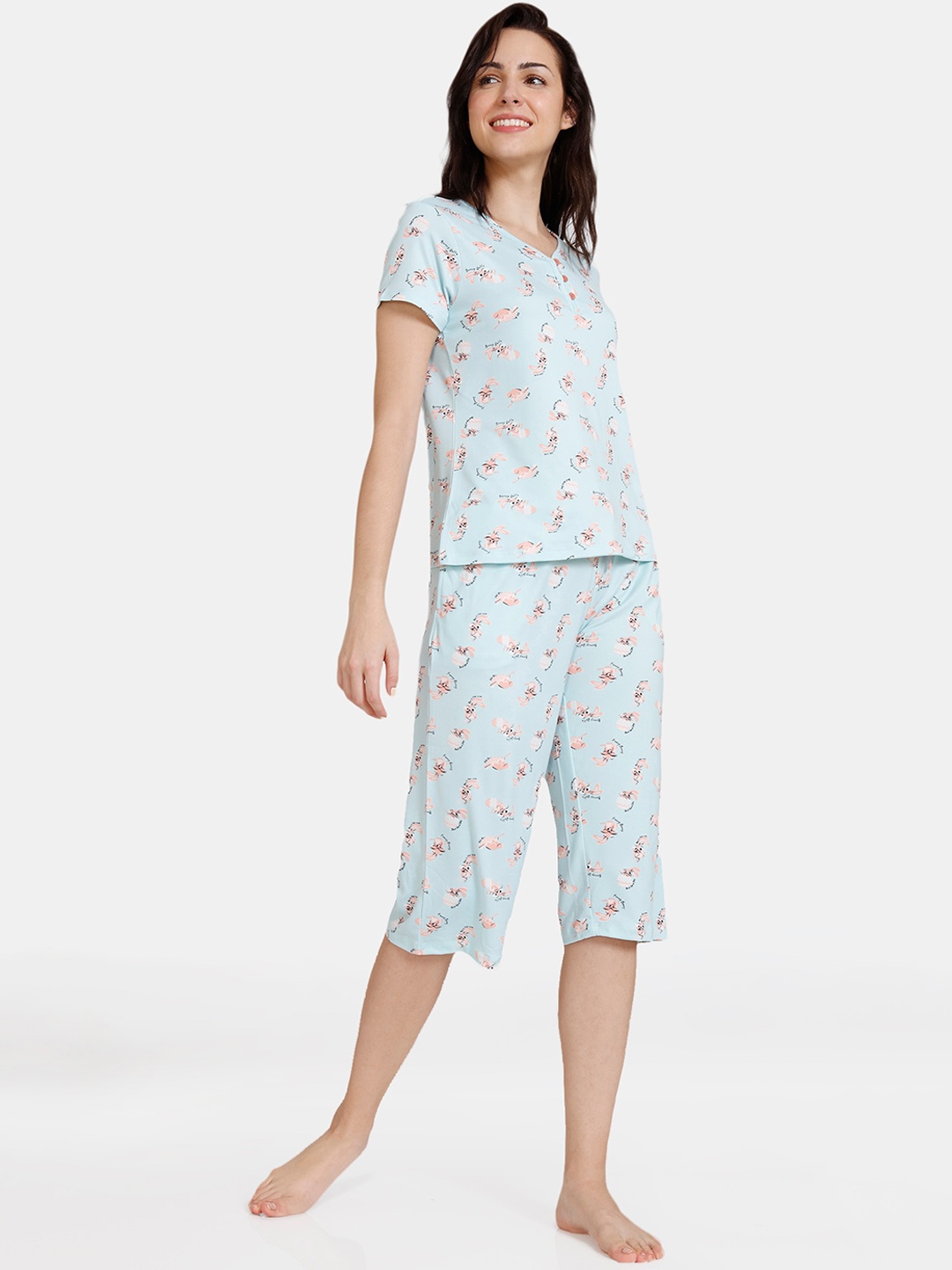 

Zivame Women Blue & Pink Printed Night suit