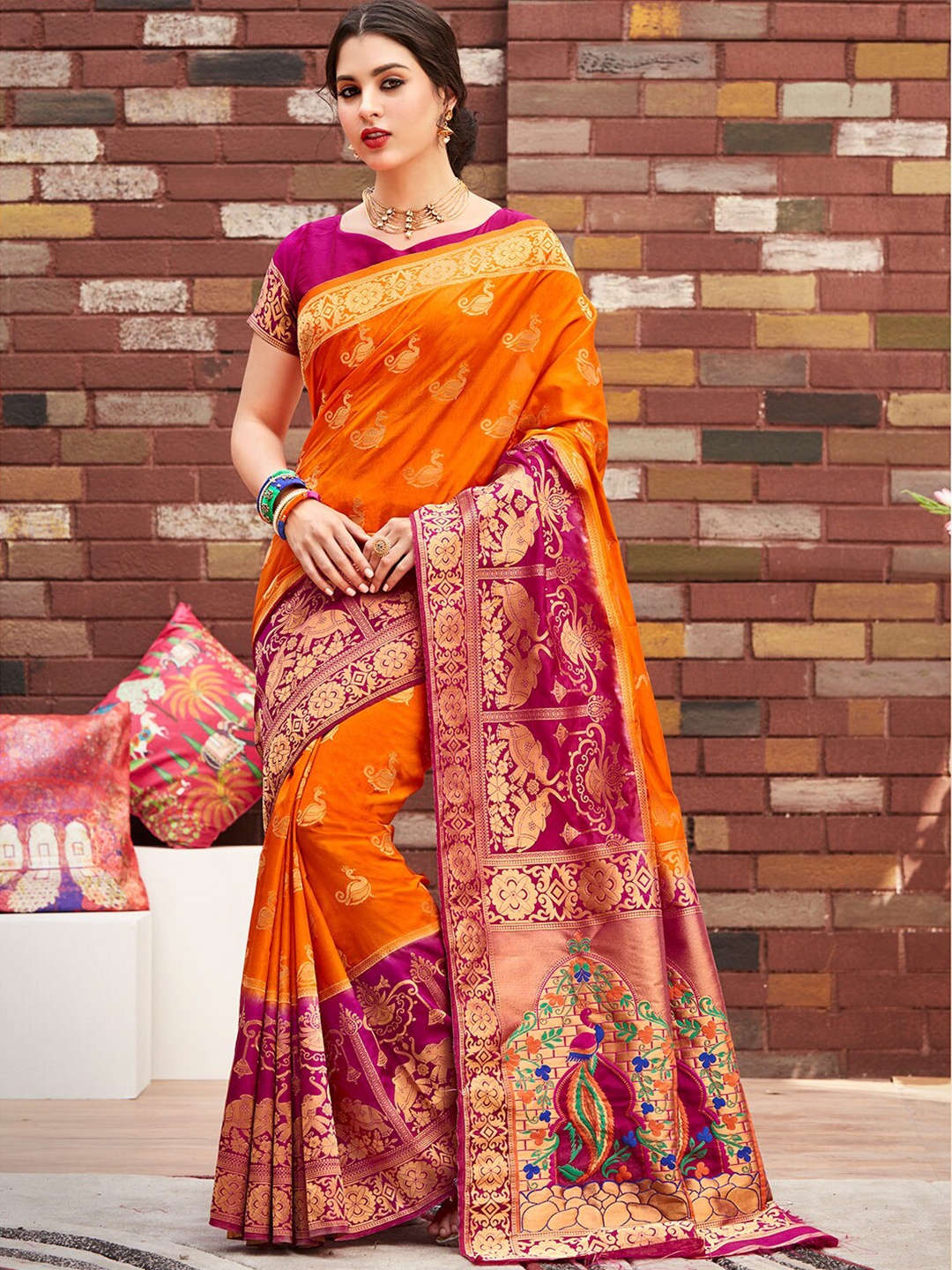 

Shaily Orange & Pink Woven Design Zari Silk Blend Paithani Saree