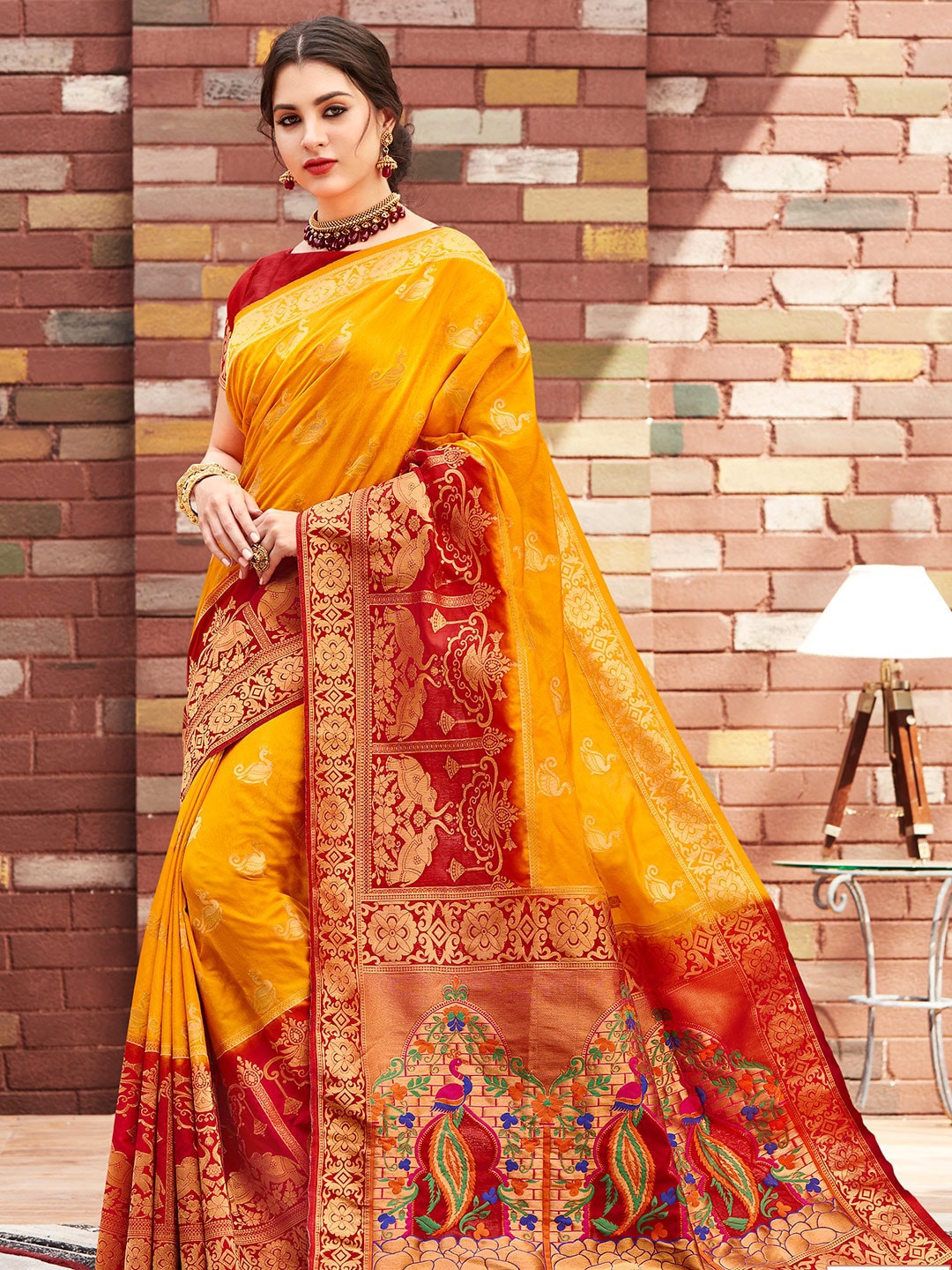 

Shaily Mustard & Red Woven Design Zari Silk Blend Paithani Saree