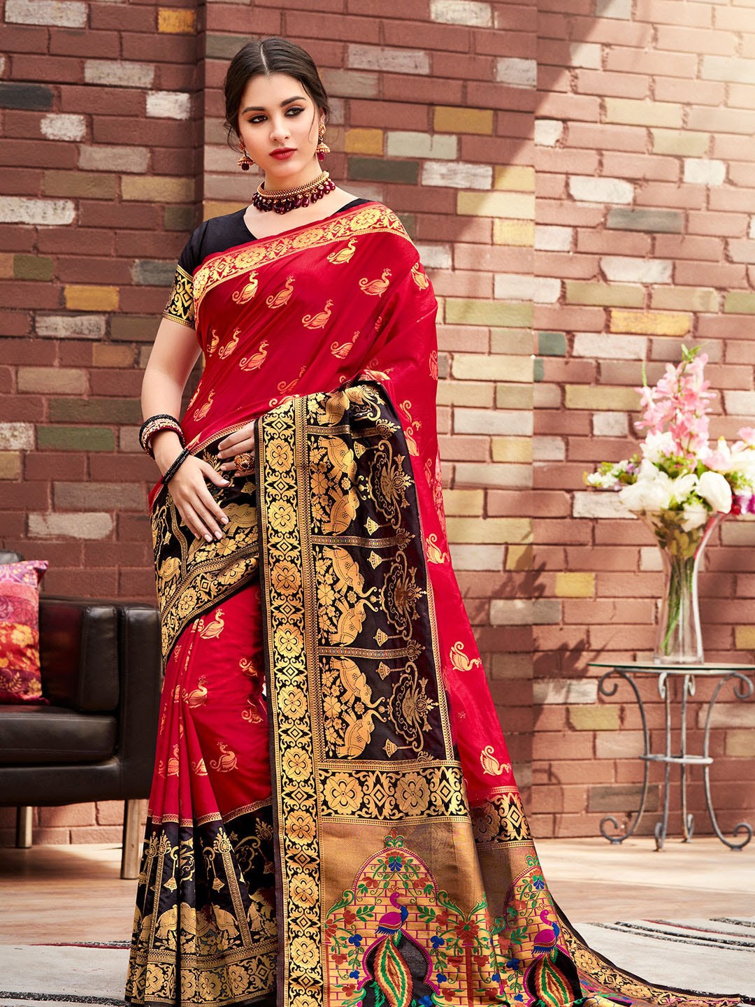 

Shaily Red & Green Woven Design Zari Silk Blend Paithani Saree