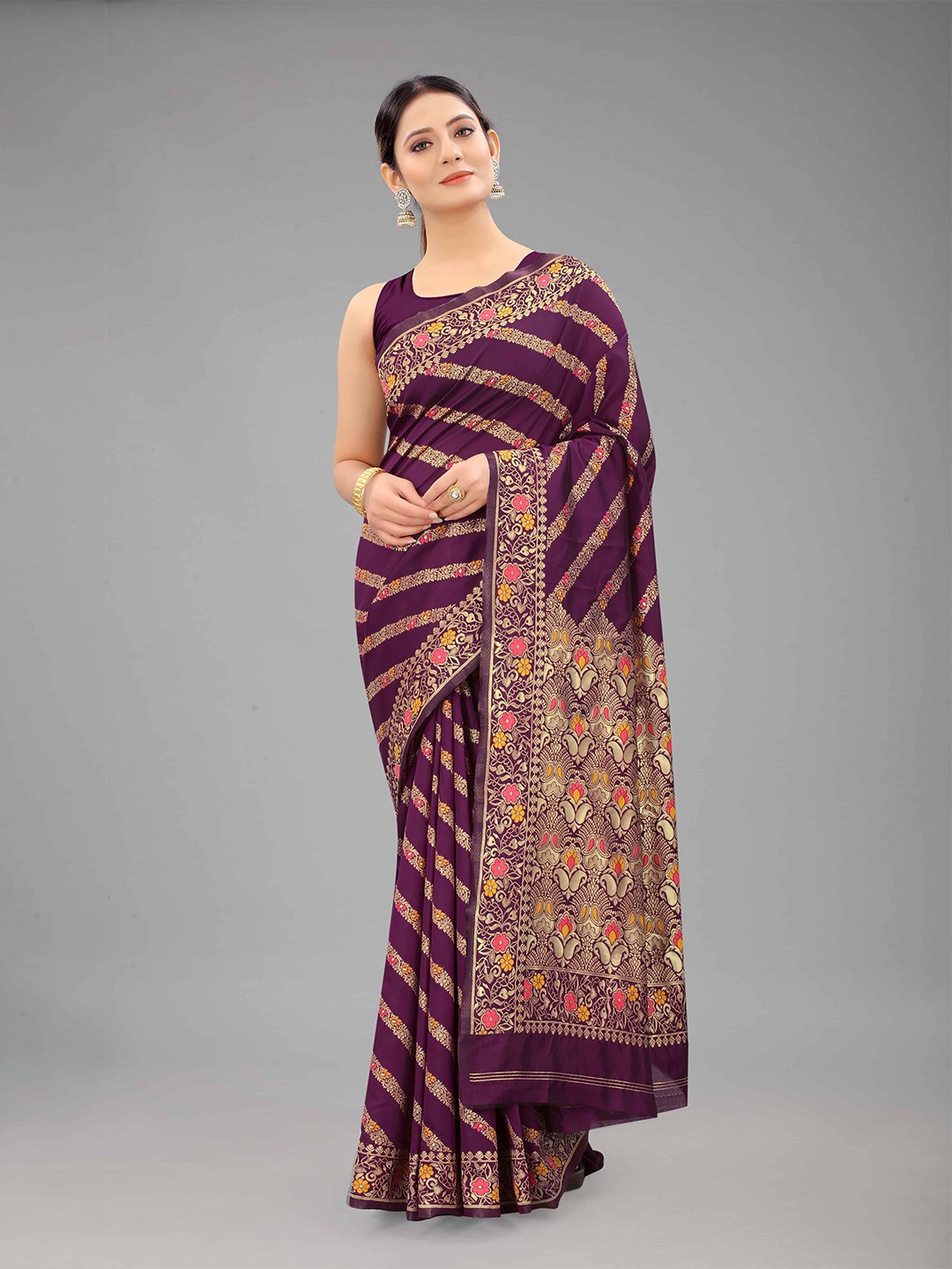 

Silk Land Maroon & Gold-Toned Woven Design Zari Silk Blend Banarasi Saree