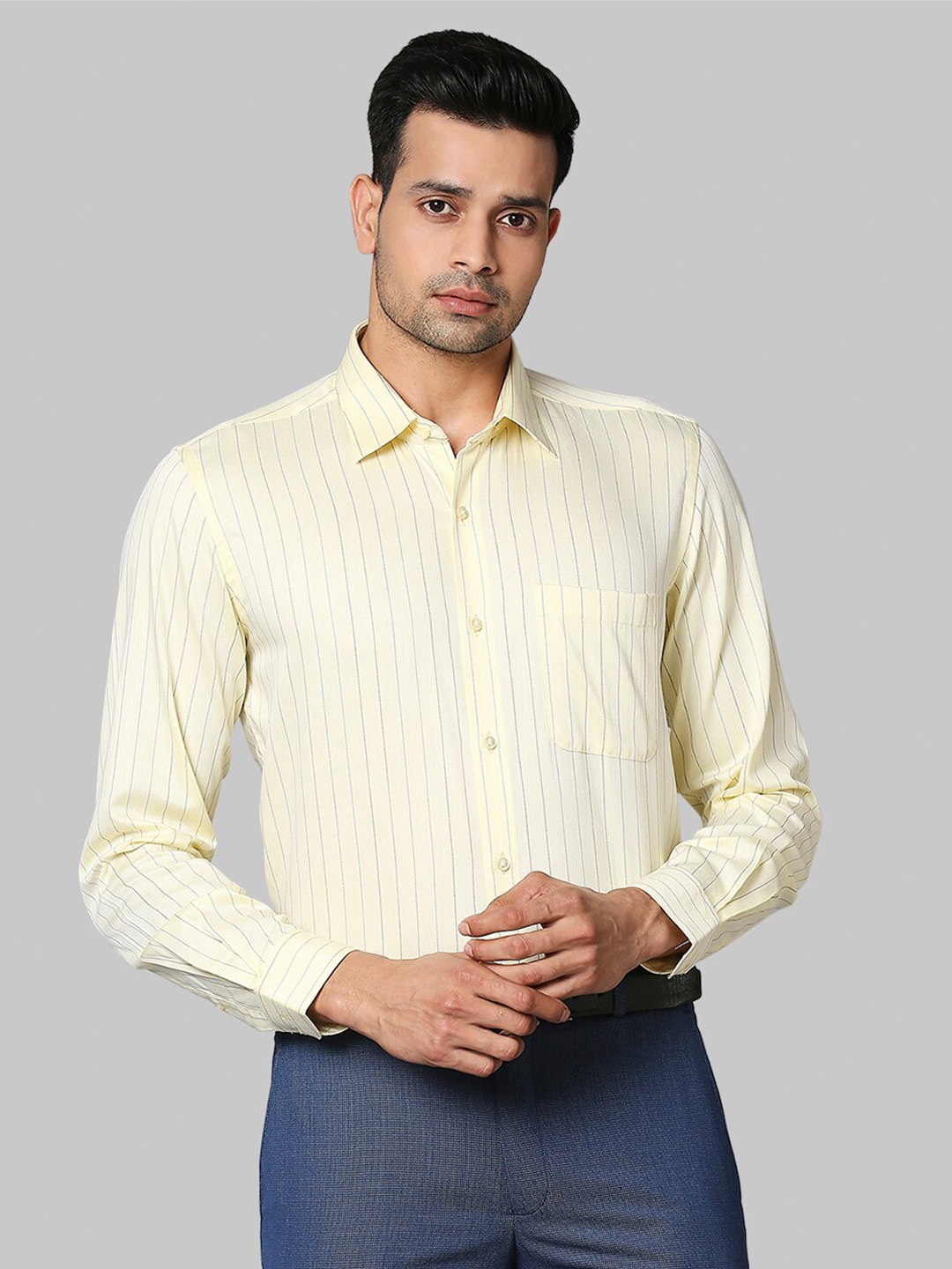 

Raymond Men Yellow Striped Cotton Casual Shirt