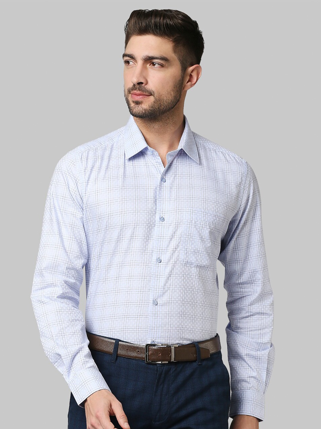 

Raymond Men Blue Checked Cotton Formal Shirts