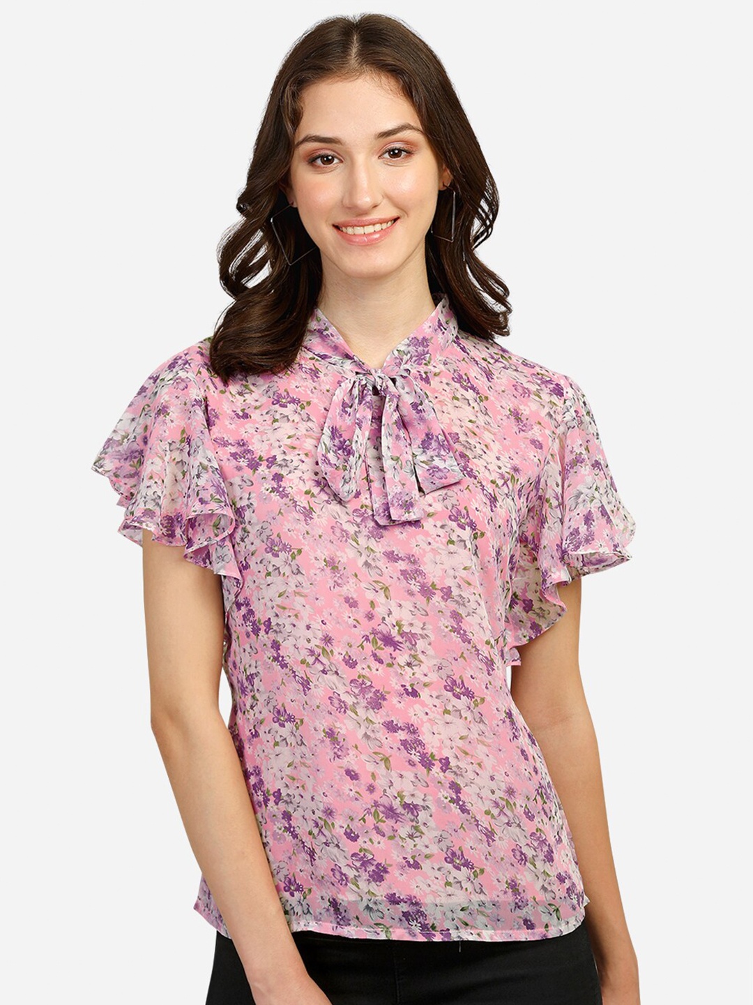 

Fbella Purple Floral Print Tie-Up Neck Georgette Top