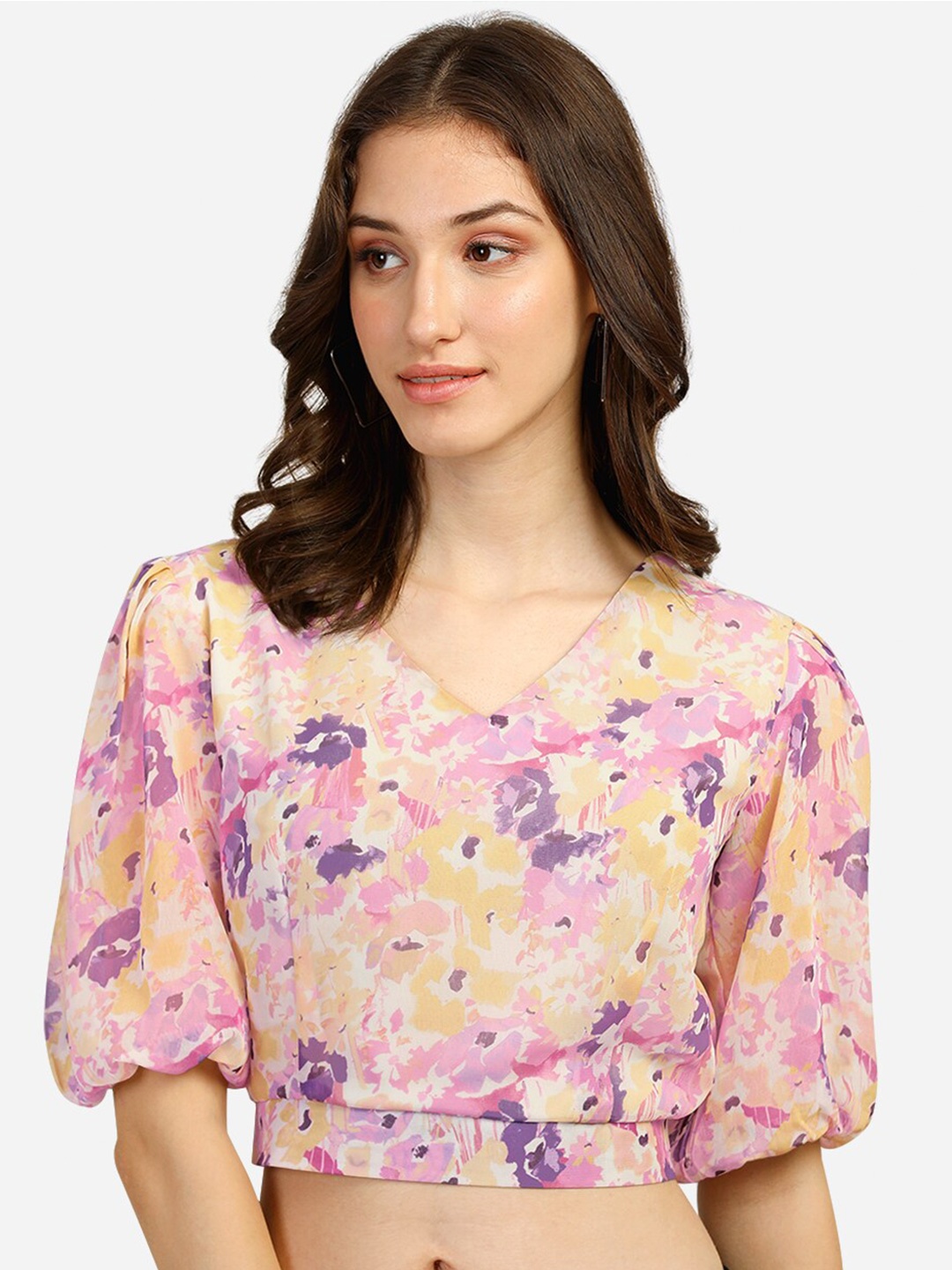 

Fbella Purple Floral Print Georgette Crop Top