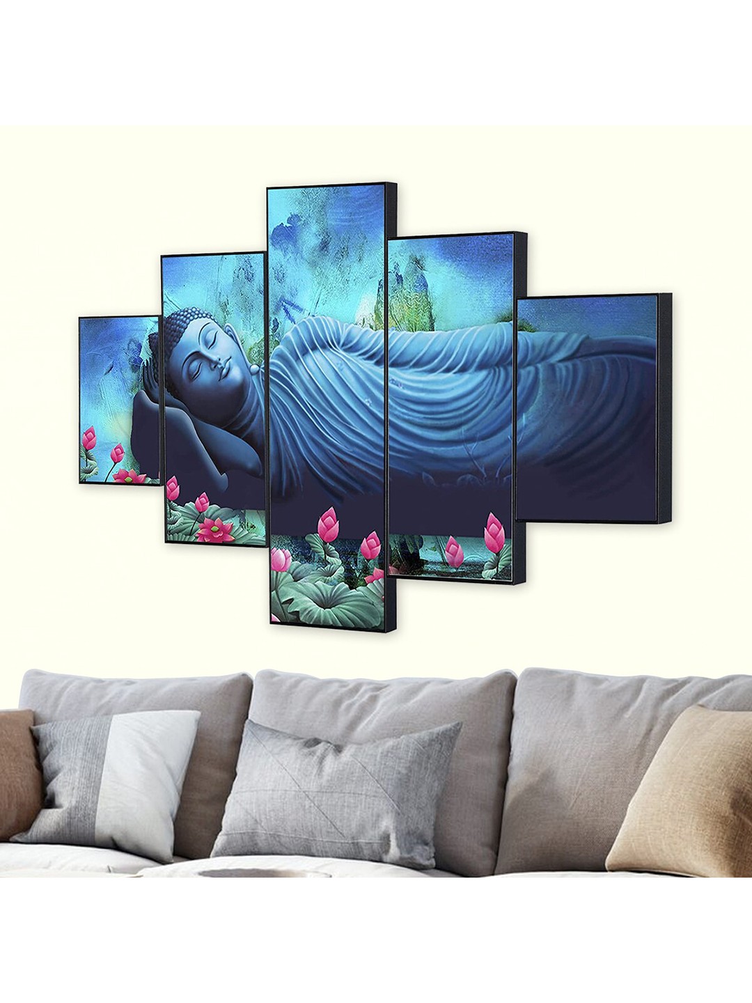 

Perpetual Multicolored Set of 5 Buddha Wall Paintings, Blue