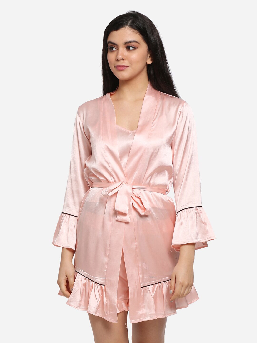 

PRETTY LOVING THING Shoulder Straps Satin Crop Top With Shorts & Robe, Peach