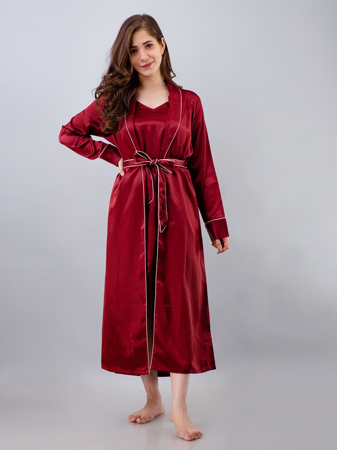 

PRETTY LOVING THING Shoulder Straps Satin Nightdress With Robe, Maroon