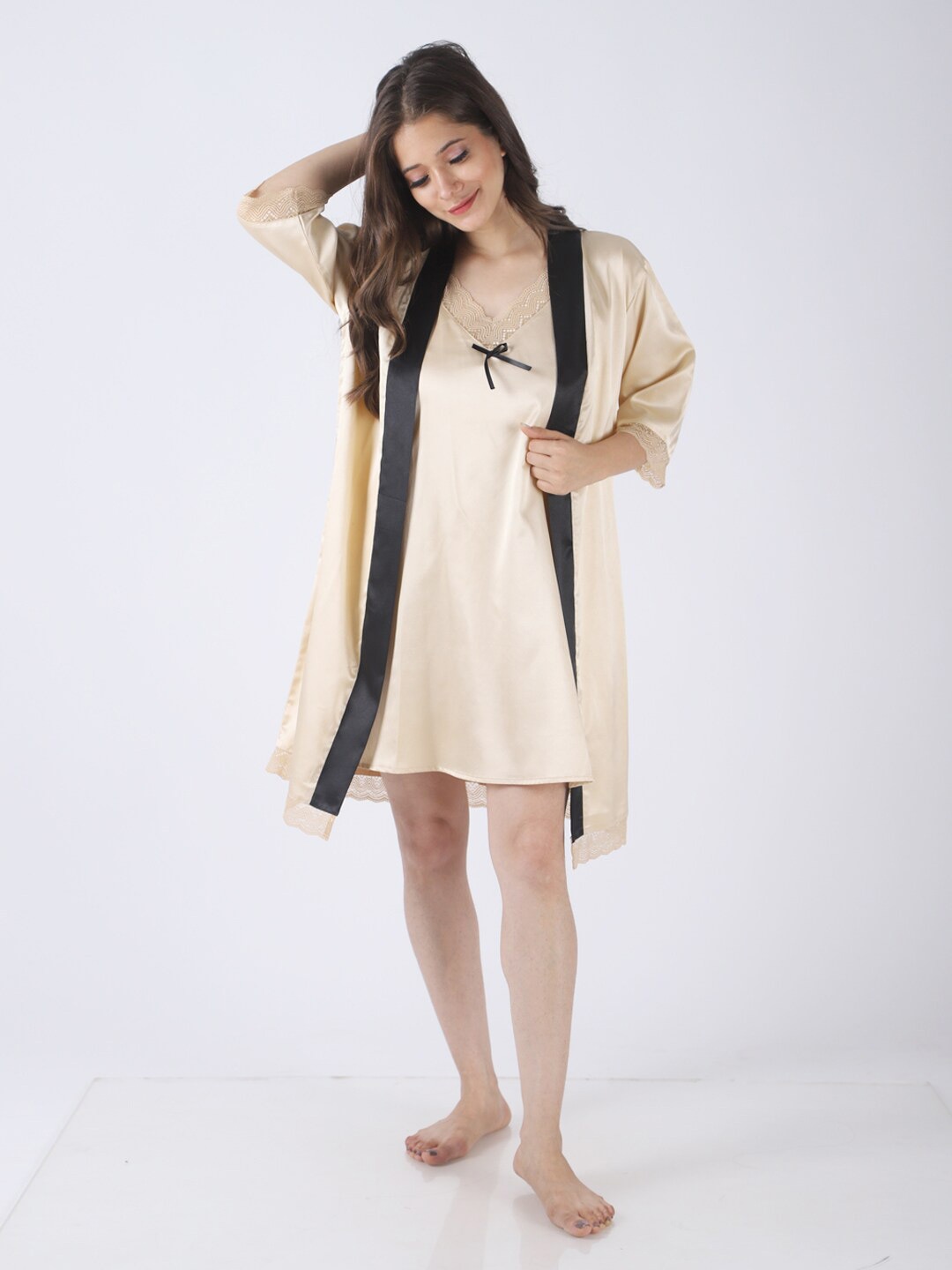 

PRETTY LOVING THING Shoulder Straps Satin Nightdress With Robe, Beige