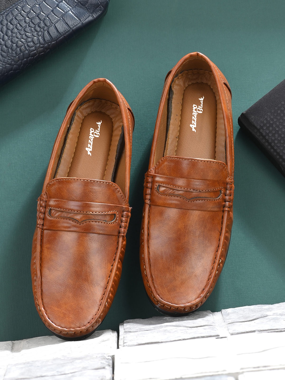 

Azzaro Black Men Tan Slip-On Loafers