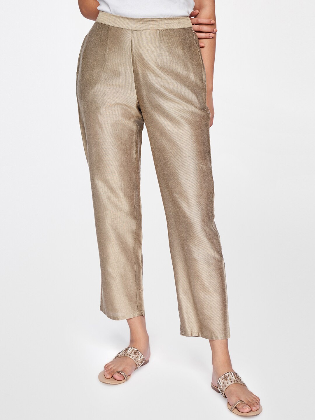 

Global Desi Women Gold-Toned Straight Fit Trousers