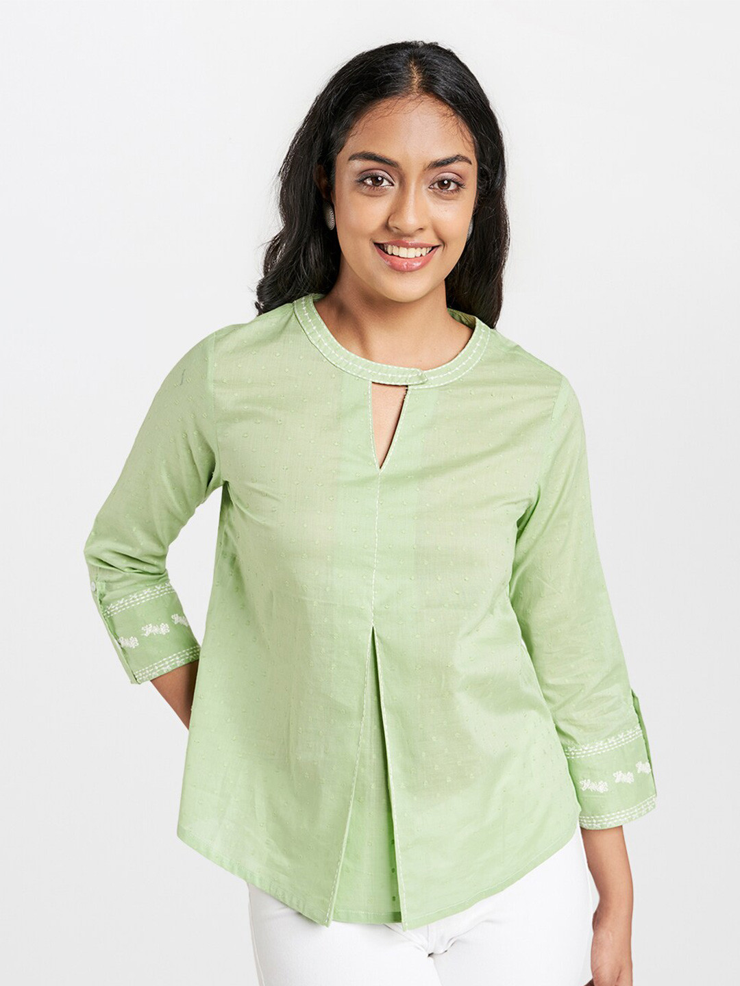 

Global Desi Green Roll-Up Sleeves Top