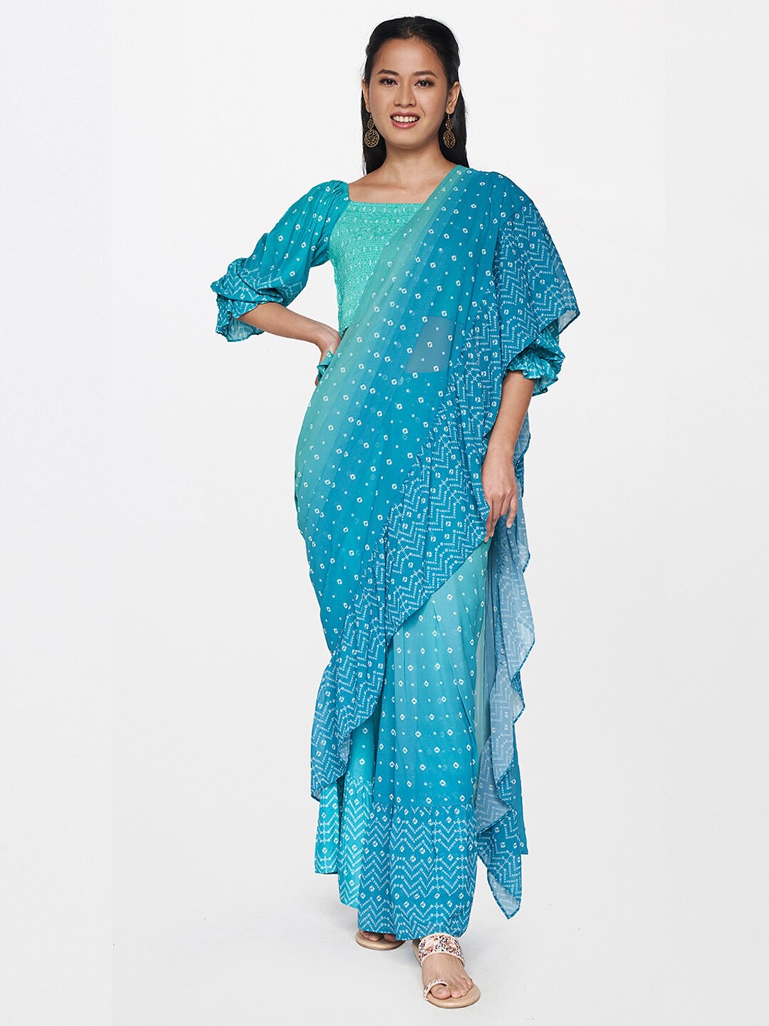 

Global Desi Blue & White Bandhani Saree