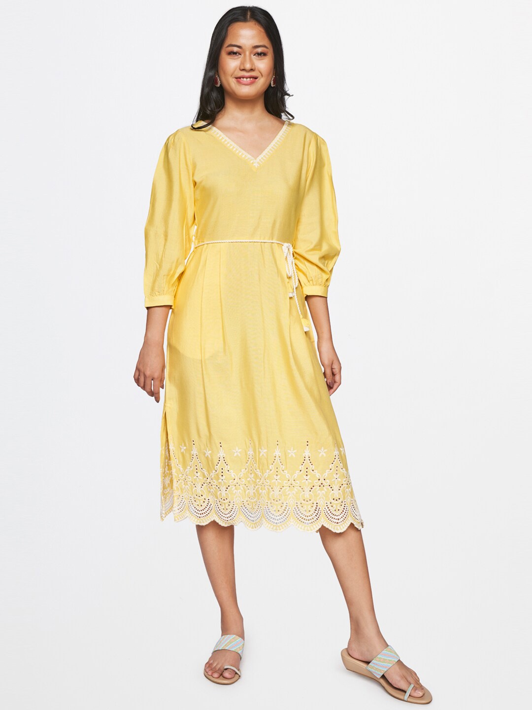 

Global Desi Women Yellow A-Line Midi Dress