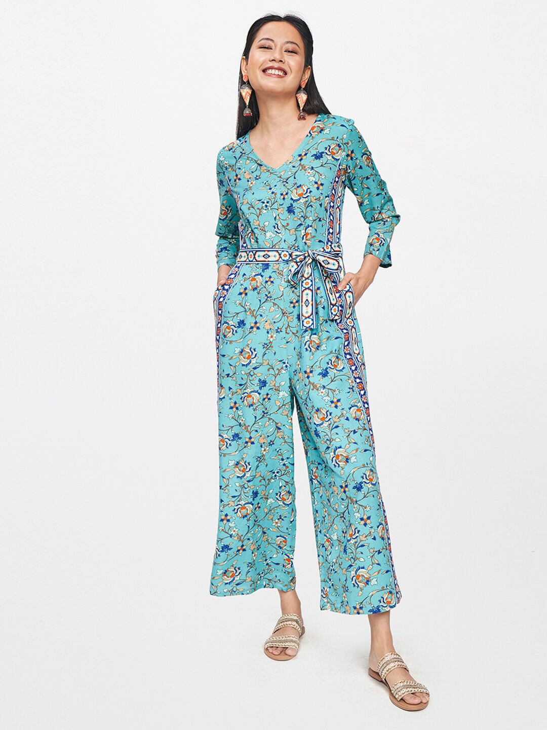 

Global Desi Blue & Off White Printed Basic Jumpsuit
