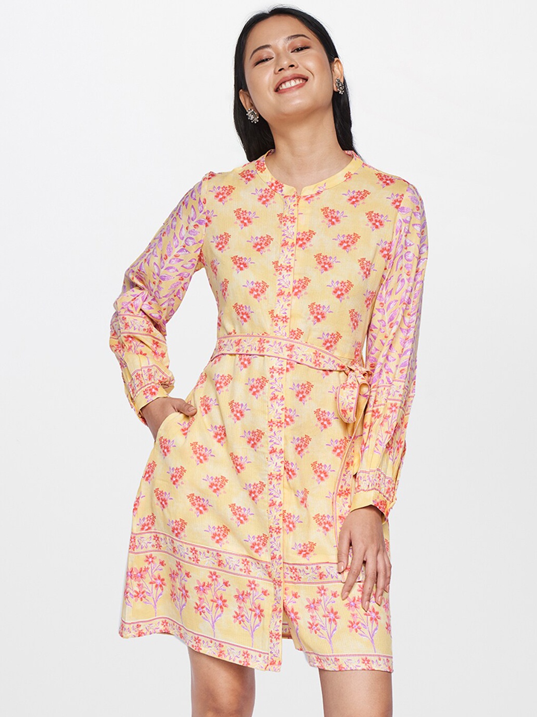 

Global Desi Women Yellow & Lavender Floral A-Line Dress