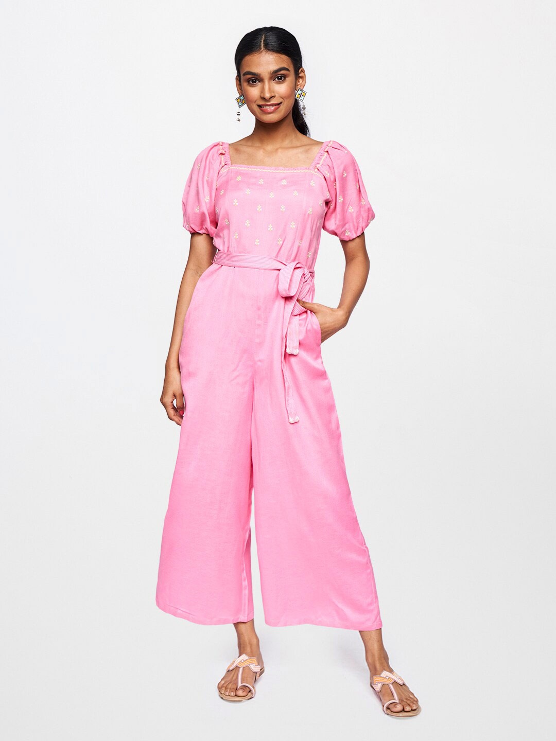 

Global Desi Women Pink & Off White Printed Basic Jumpsuit