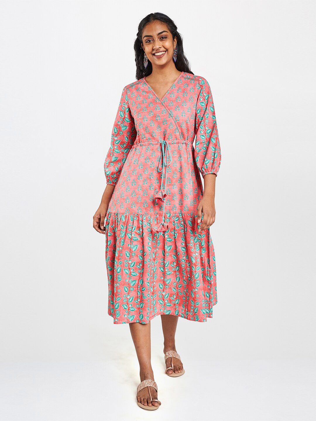 

Global Desi Women Pink & Green Floral Pure Cotton Midi Dress