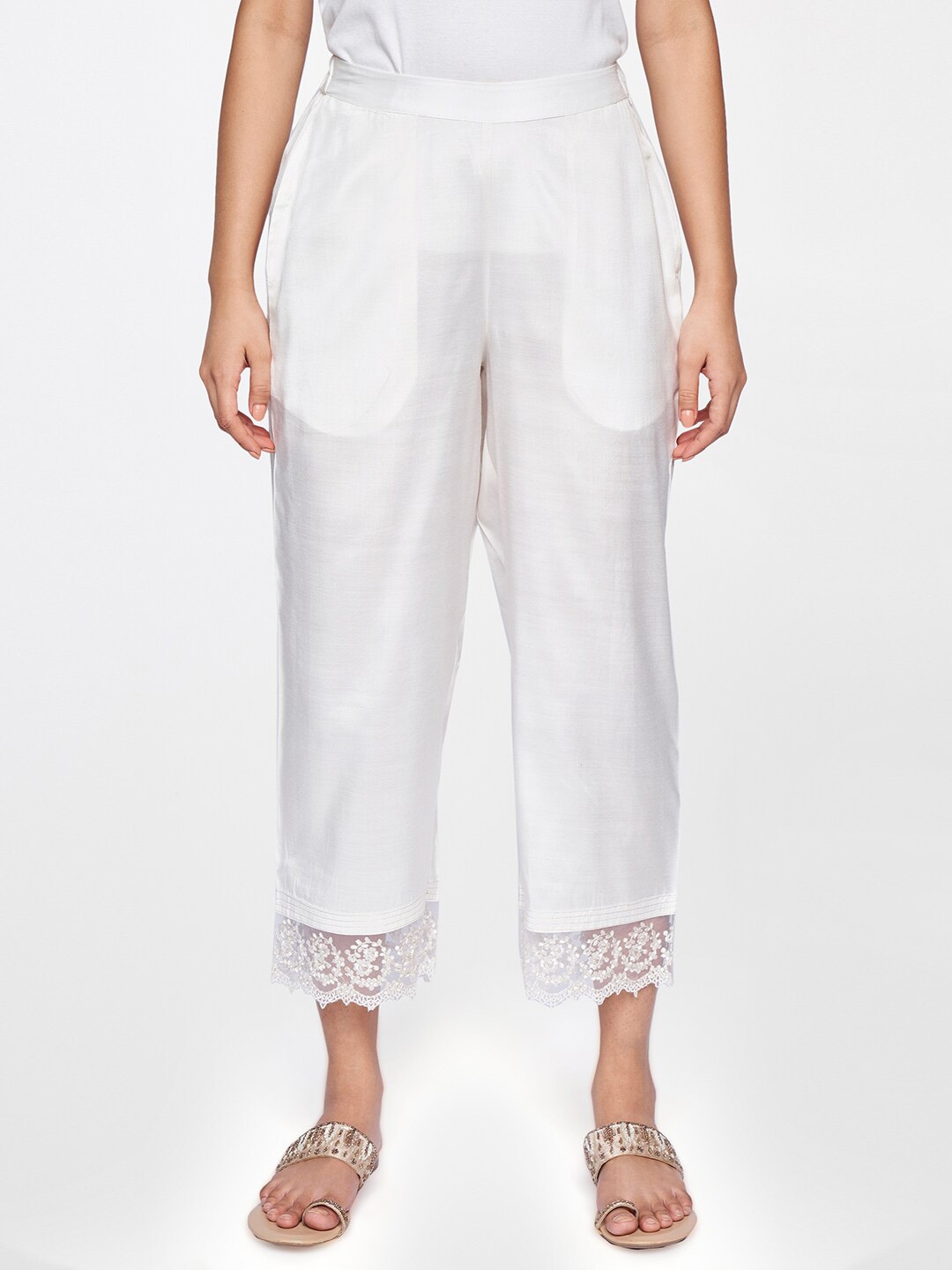 

Global Desi Women Off White Embroidered Straight Fit Trousers