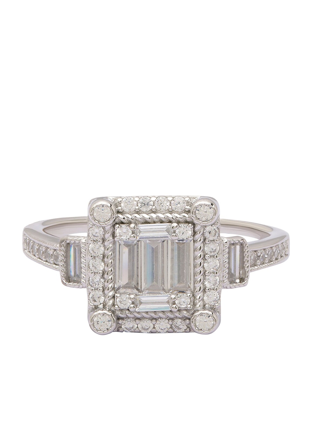 

ANAYRA Silver-Toned & White AD-Studded Finger Ring
