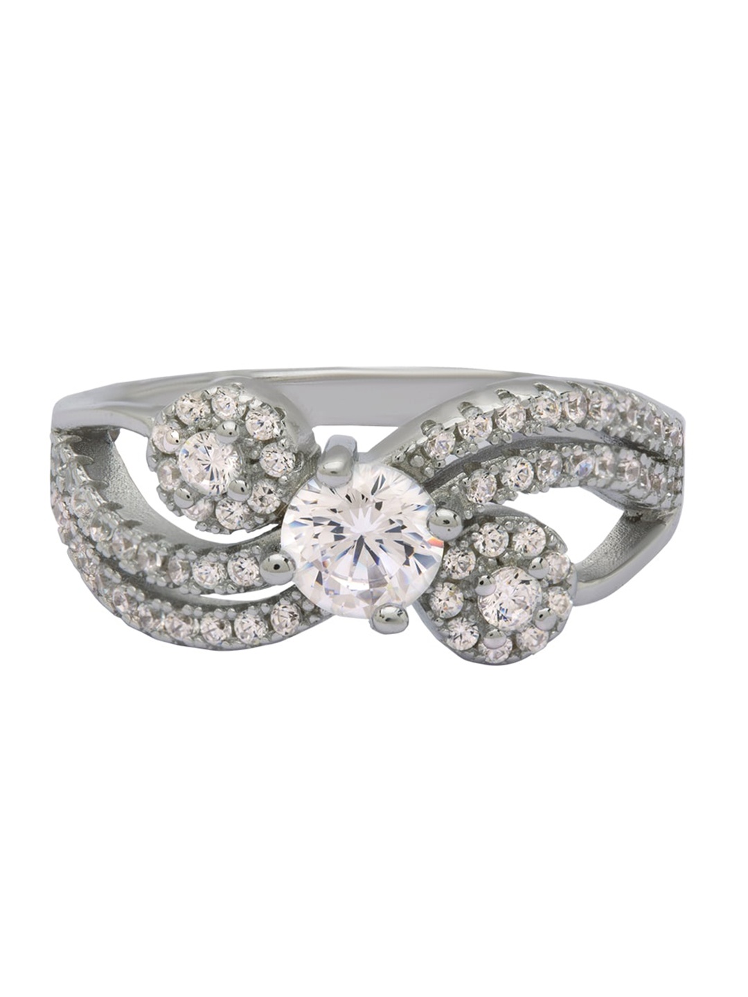 

ANAYRA Silver-Plated White 925 Sterling Silver Solitaire AD-Studded Finger Ring