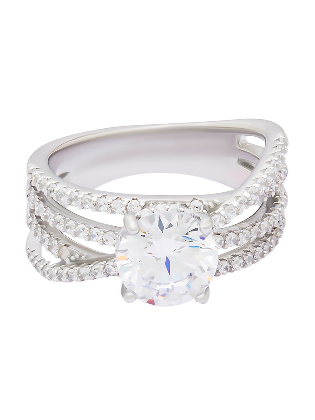 

ANAYRA Silver-Toned & White AD-Studded Finger Ring