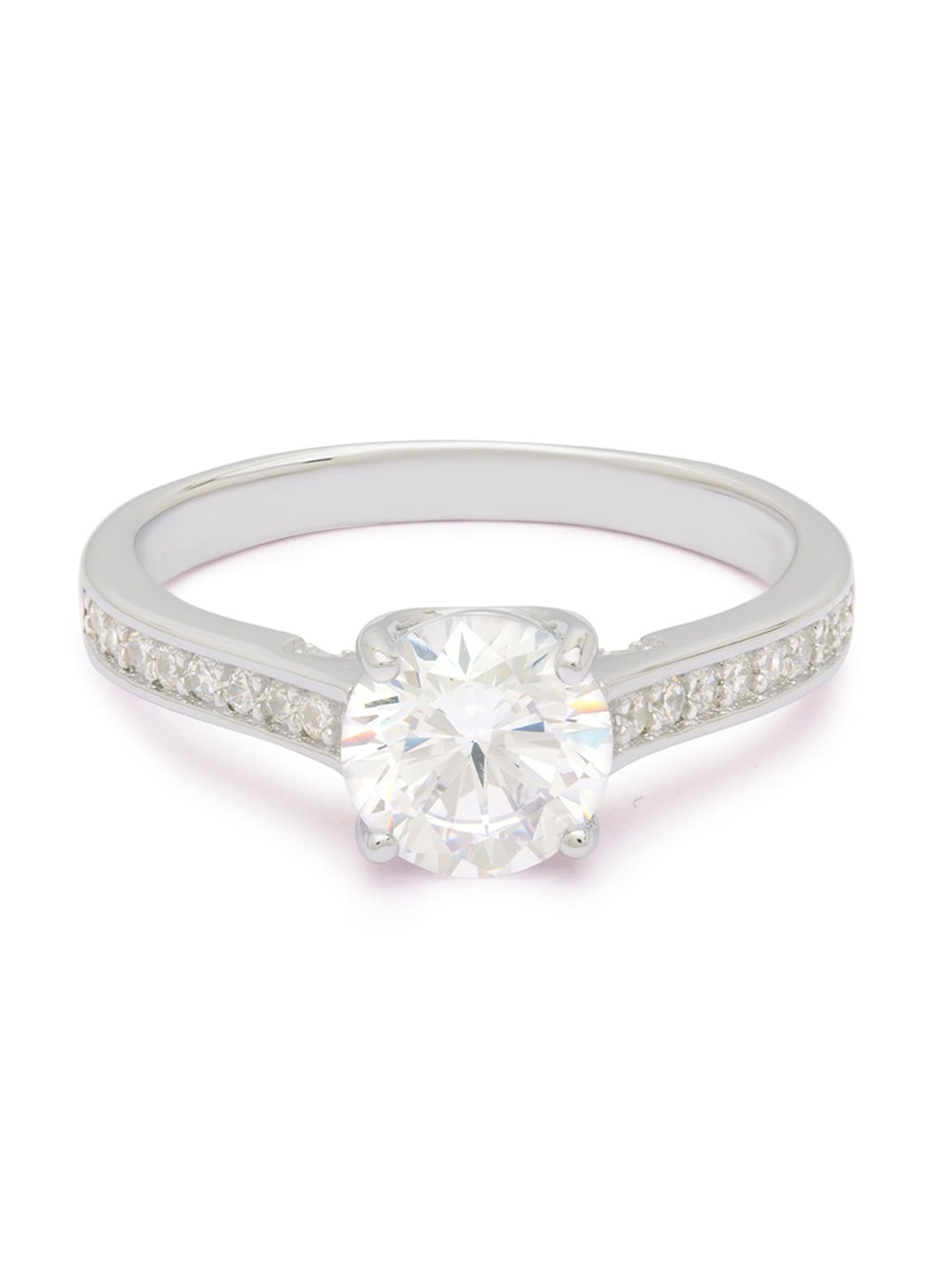 

ANAYRA Silver-Plated White 925 Sterling Silver Solitaire AD-Studded Finger Ring
