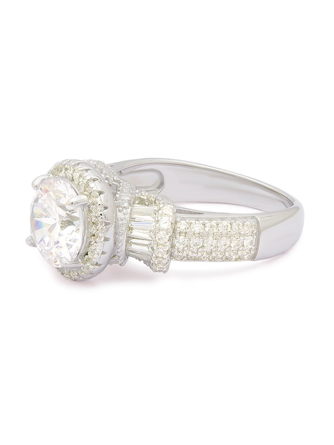 

ANAYRA Silver-Toned & White AD-Studded Silver Plated Finger Ring