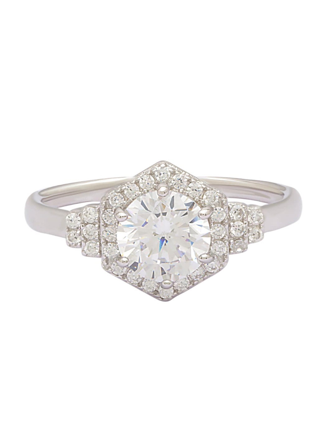 

ANAYRA Women Silver-Toned & White American Diamond -Studded Finger Ring