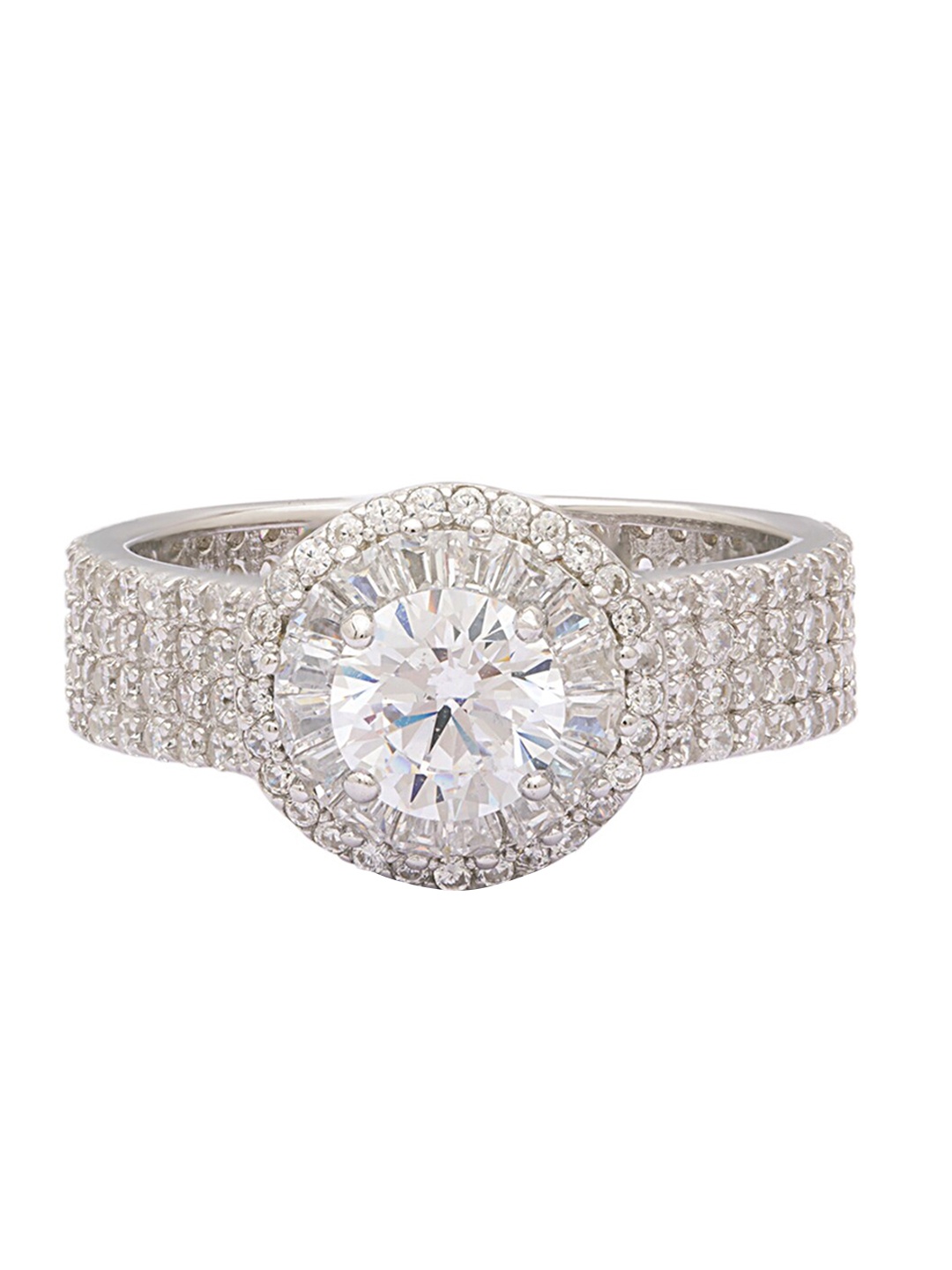 

ANAYRA Silver-Toned & White AD-Studded Finger Ring