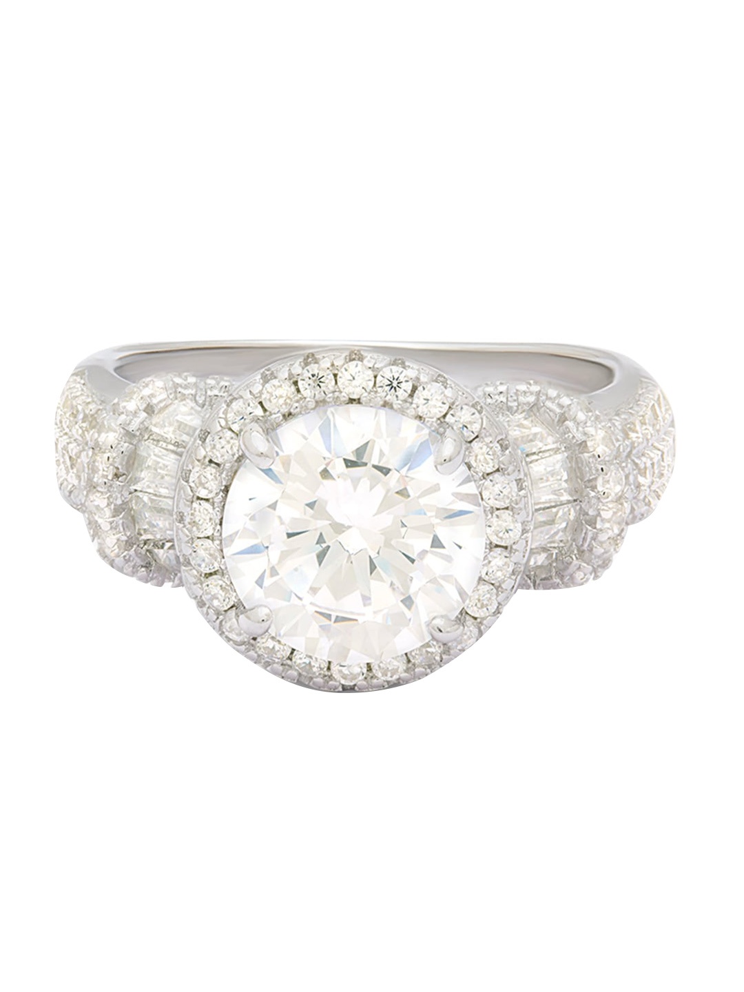 

ANAYRA Silver-Toned & White AD-Studded Finger Ring