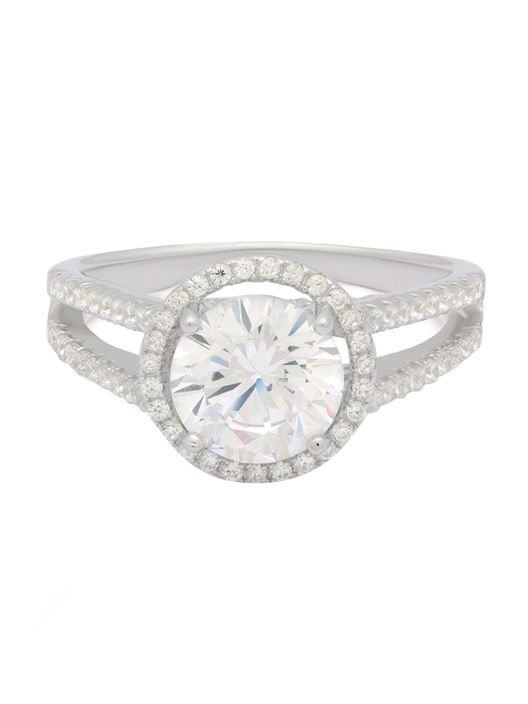 

ANAYRA 925 Sterling Silver Silver-Toned White American Diamond Studded Finger Ring