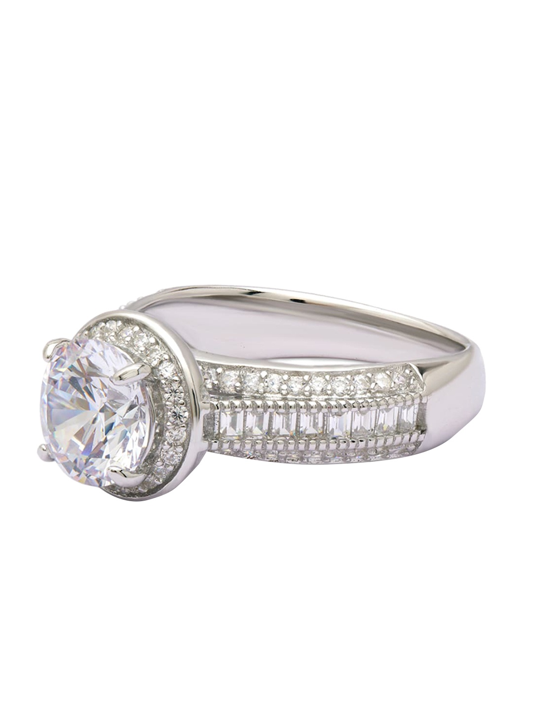 

ANAYRA 925 Sterling Silver Silver-Toned White AD Studded Finger Ring