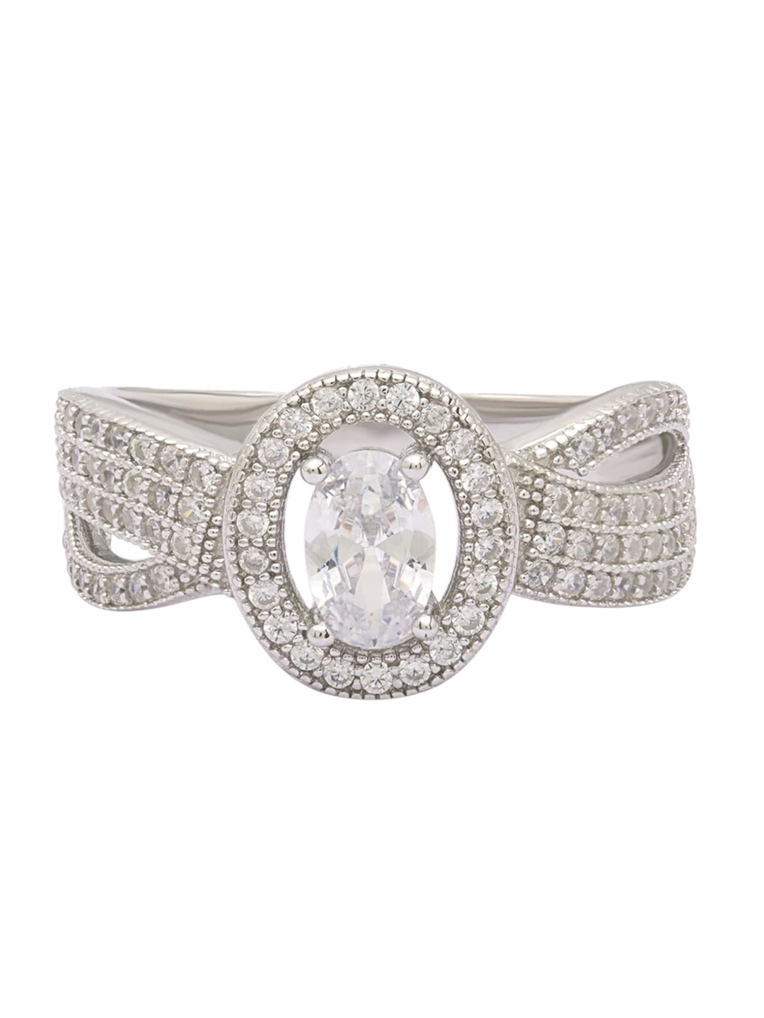 

ANAYRA 925 Sterling Silver Silver-Toned White AD-Studded Finger Ring
