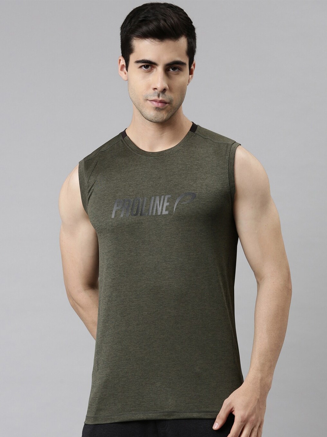 

Proline Active Men Olive Green Typography Sleeveless T-shirt