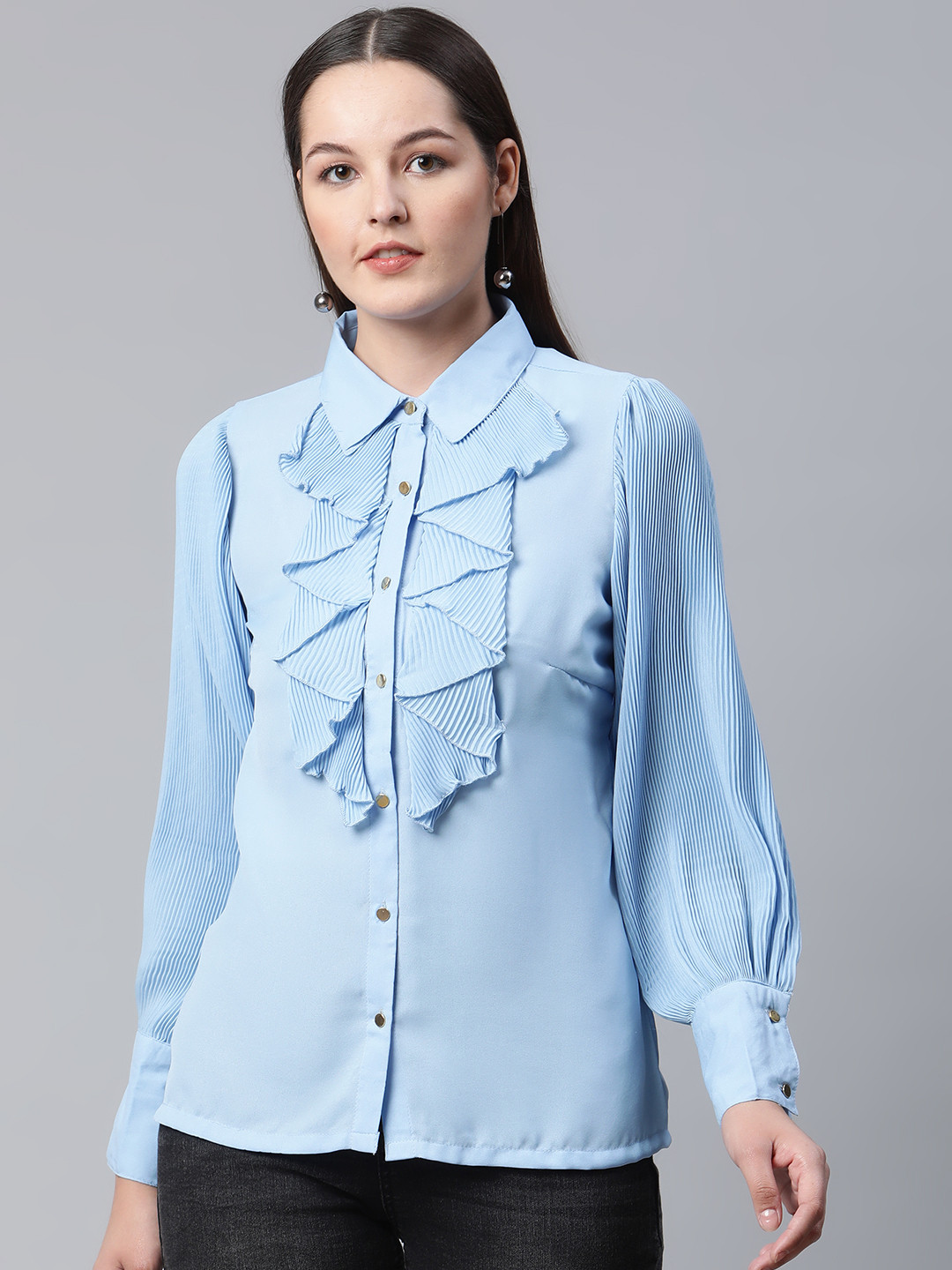 

plusS Women Blue Regular Fit Ruffles Detail Semiformal Shirt