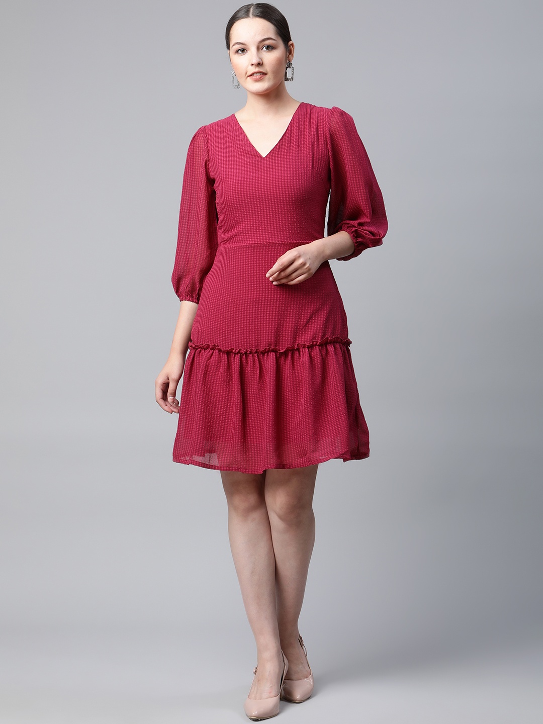 

plusS Red Self Design Puff Sleeves A-Line Dress