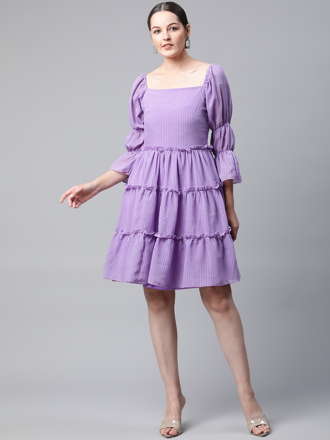 

plusS Lavender Self Design Bell Sleeves A-Line Tiered Dress