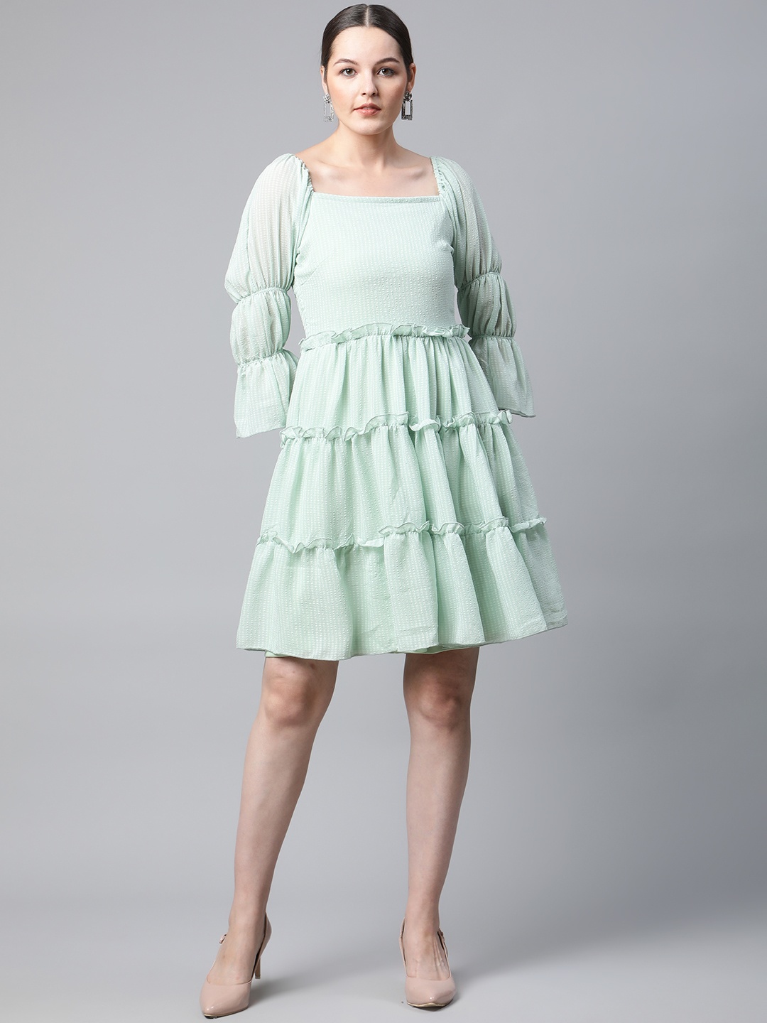 

plusS Mint Green Self Design Bell Sleeves A-Line Tiered Dress