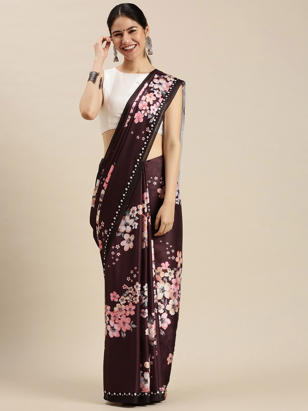 

Ethnic Threads Purple & Pink Floral Satin Saree