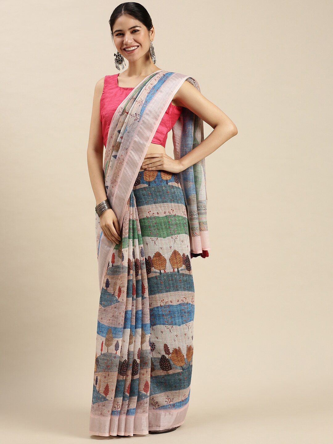 

Ethnic Threads Beige & Blue Pure Linen Saree