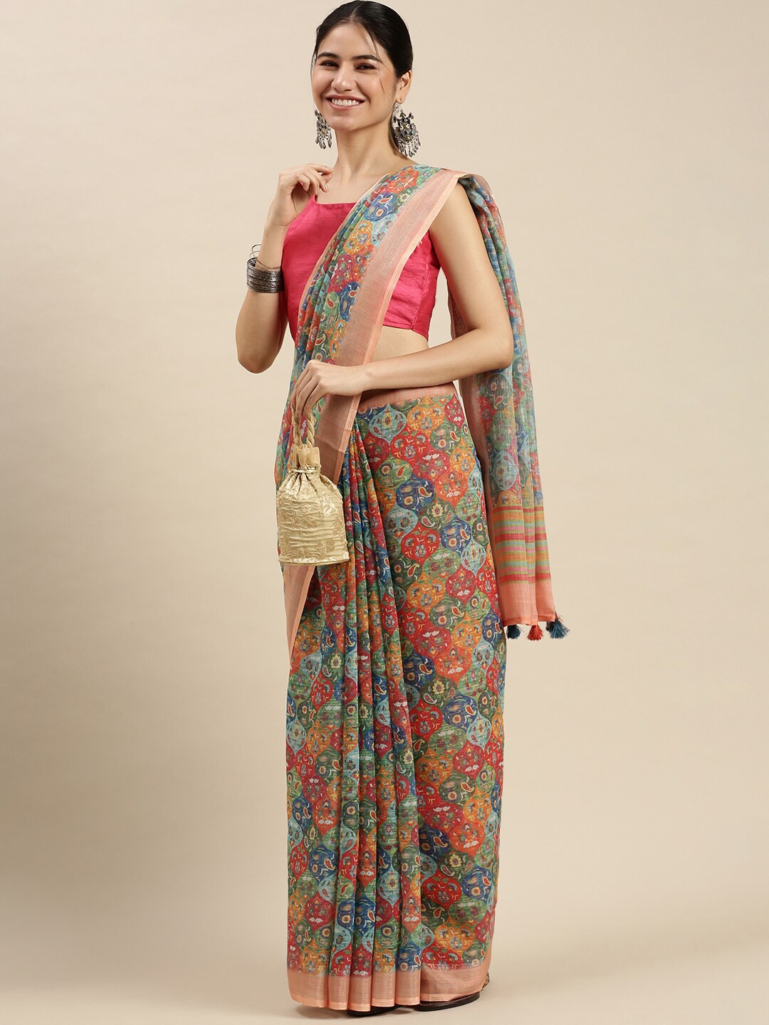 

Ethnic Threads Women Multicolored Ethnic Motifs Printed Pure Linen Saree, Multi