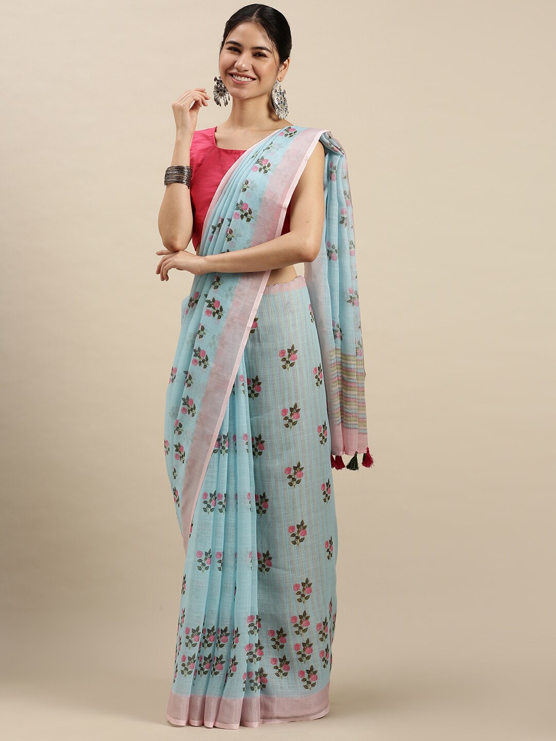 

Ethnic Threads Women Blue & Pink Floral Pure Linen Saree