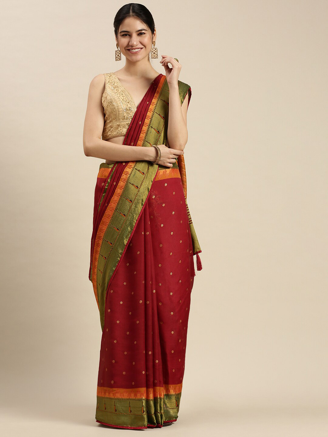 

Ethnic Threads Women Red & Olive Green Woven Design Zari Brasso Saree