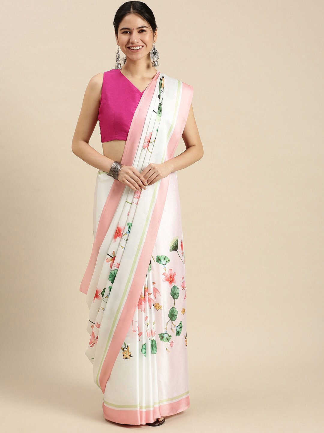 

Ethnic Threads White & Pink Floral Satin Saree